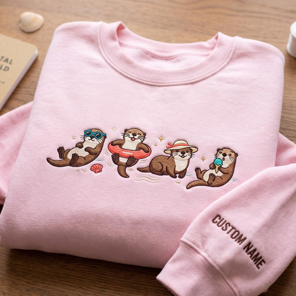 Personalized Summer Sea Otters Beach Coastal Custom Name Sleeve embroidered sweatshirt - front view