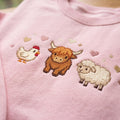 Personalized Cute Farm Animals Highland Cow Chicken Sheep Hearts Custom Name embroidered mock neck sweatshirt — front view