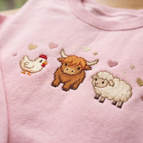Personalized Cute Farm Animals Highland Cow Chicken Sheep Hearts Custom Name embroidered mock neck sweatshirt — front view