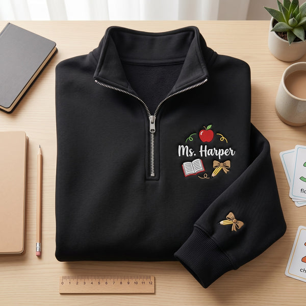 Personalized Teacher Apple Book Pencil Bow embroidered quarter-zip - front view