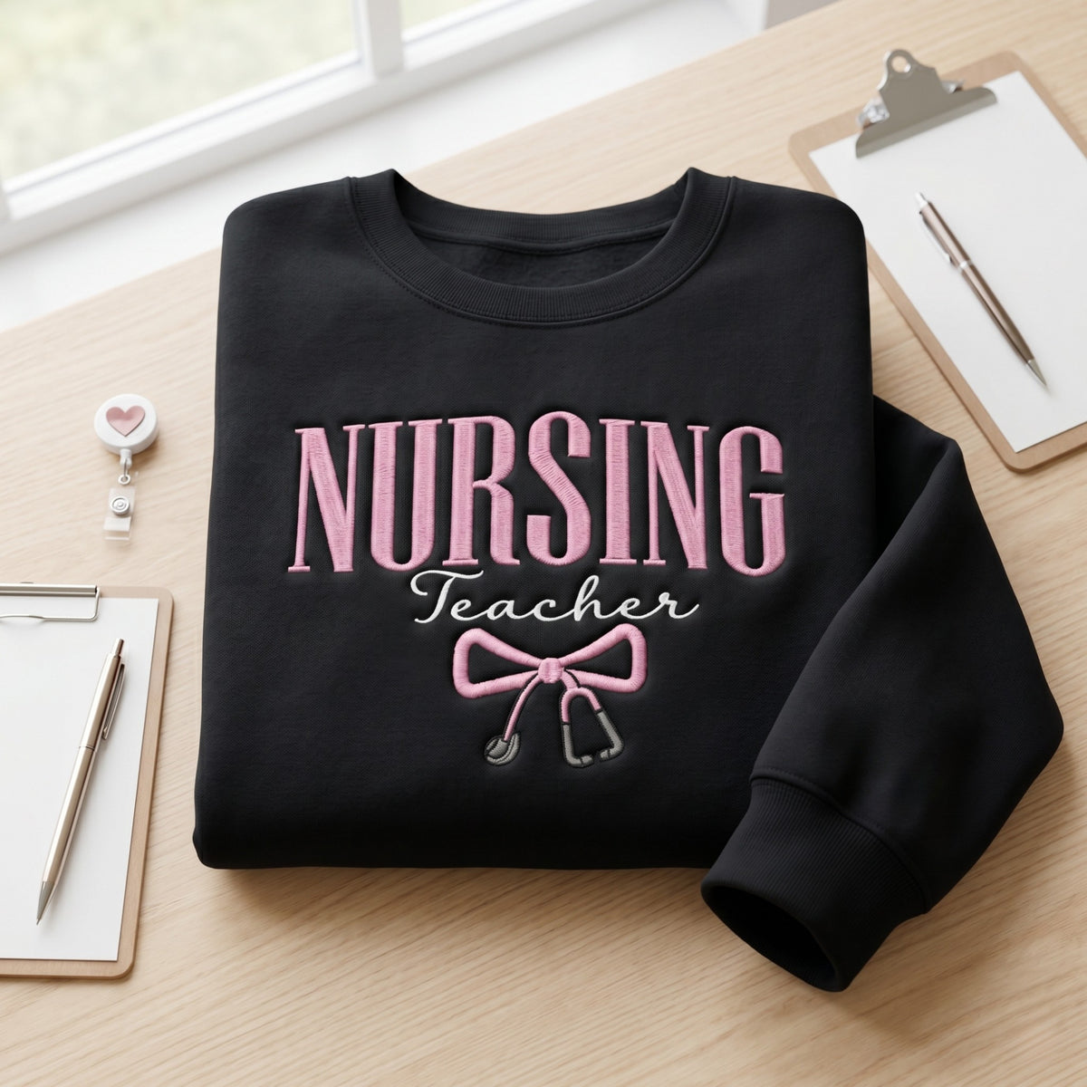 Nursing Teacher Coquette Bow Stethoscope embroidered sweatshirt - front view