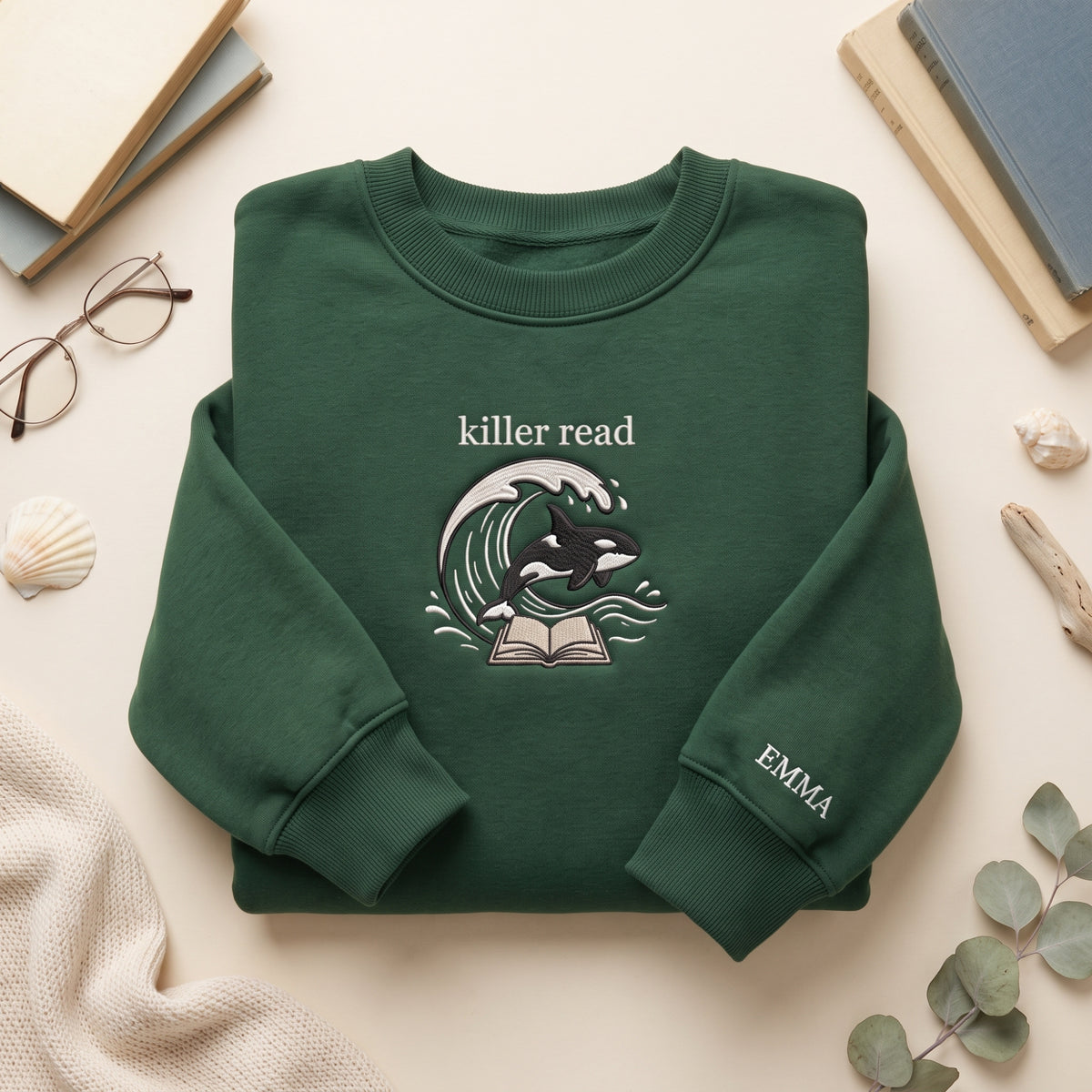 Personalized Killer Read Orca Whale Wave Book embroidered sweatshirt - front view