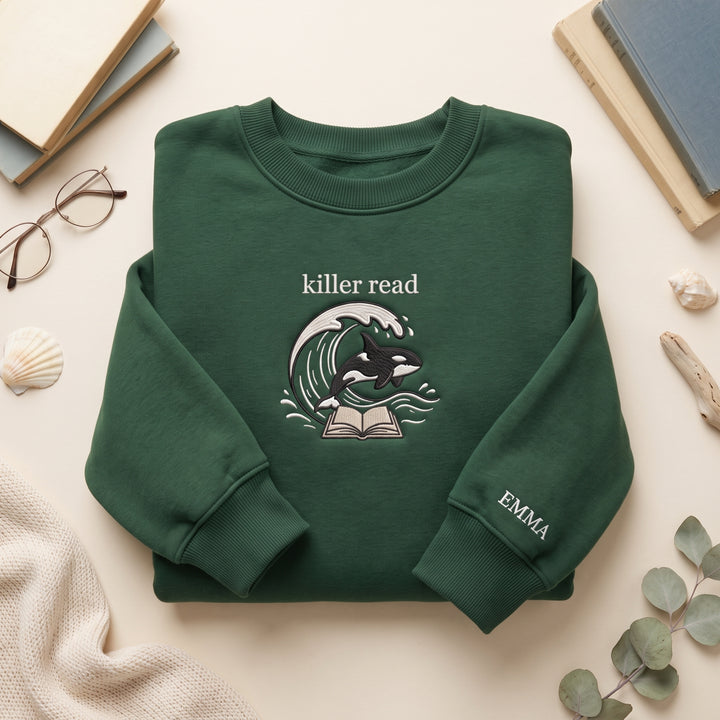 Personalized Killer Read Orca Whale Wave Book embroidered sweatshirt - front view