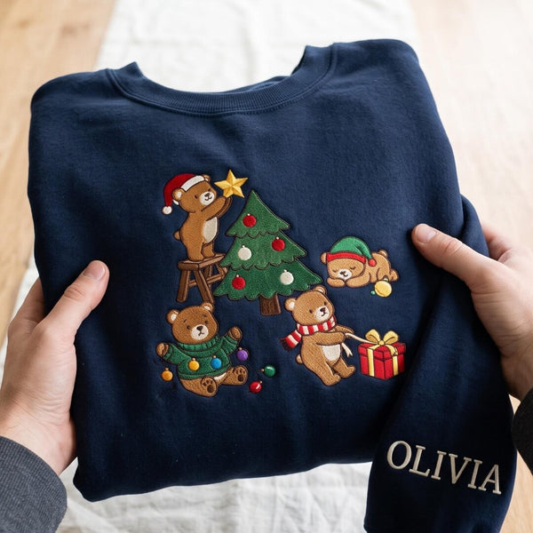 Personalized Christmas Four Teddy Bears Decorating Tree Custom Name Sleeve embroidered sweatshirt - front view