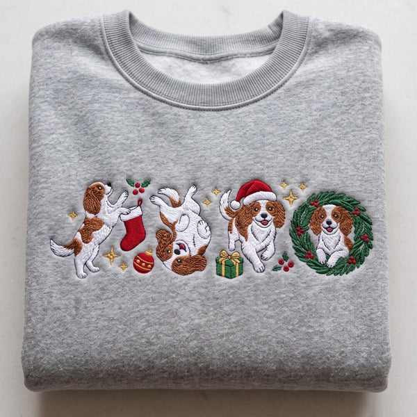 Personalized Christmas Cavalier King Charles Spaniel Four Poses Holiday Custom Name embroidered sweatshirt - front view