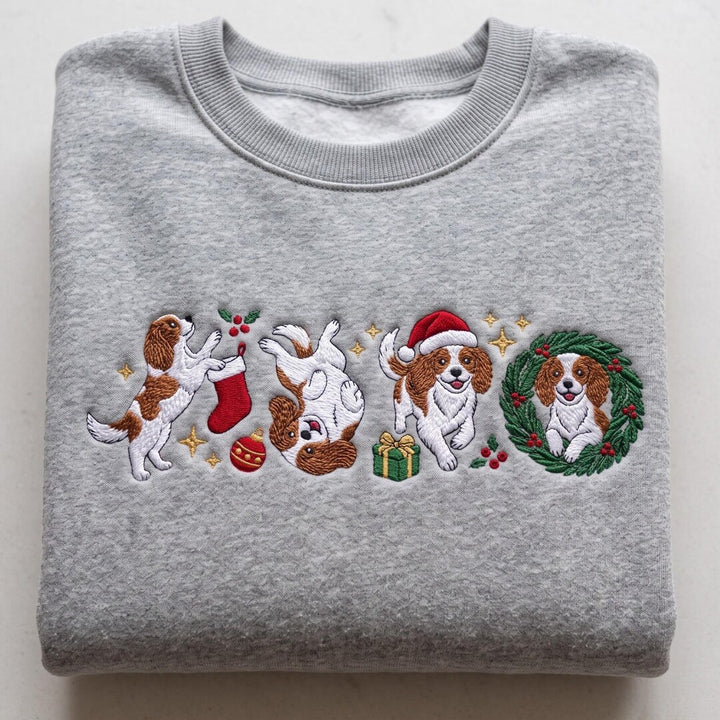 Personalized Christmas Cavalier King Charles Spaniel Four Poses Holiday Custom Name embroidered sweatshirt - front view