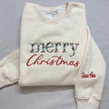 Personalized Merry Christmas Botanical Holly Berry Script Custom Name Sleeve embroidered sweatshirt - front view
