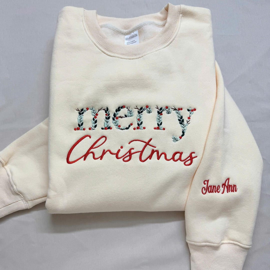 Personalized Merry Christmas Botanical Holly Berry Script Custom Name Sleeve embroidered sweatshirt - front view