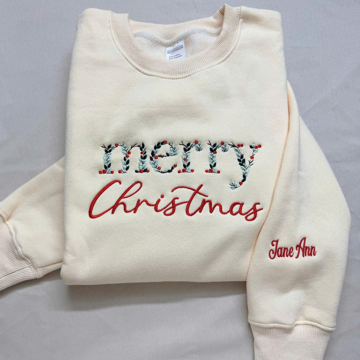 Personalized Merry Christmas Botanical Holly Berry Script Custom Name Sleeve embroidered sweatshirt - front view