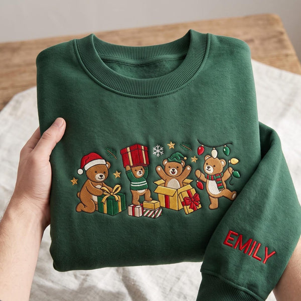 Personalized Christmas Four Teddy Bears Gift Box Lights Santa Hat Elf Holiday embroidered sweatshirt - front view