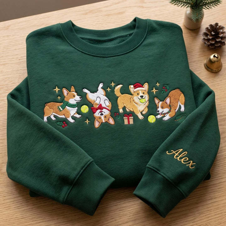 Personalized Christmas Four Corgis Festive Holiday Scenes Santa Hat Sleeve Custom Name embroidered sweatshirt - front view