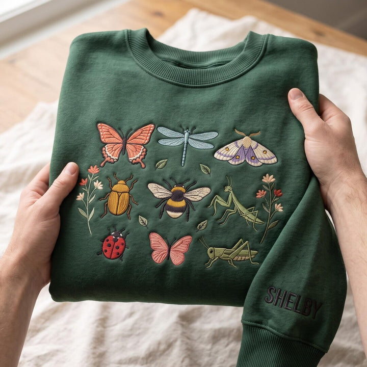 Personalized Garden Insects Butterfly Dragonfly Moth Bee Ladybug Grasshopper embroidered sweatshirt - front view