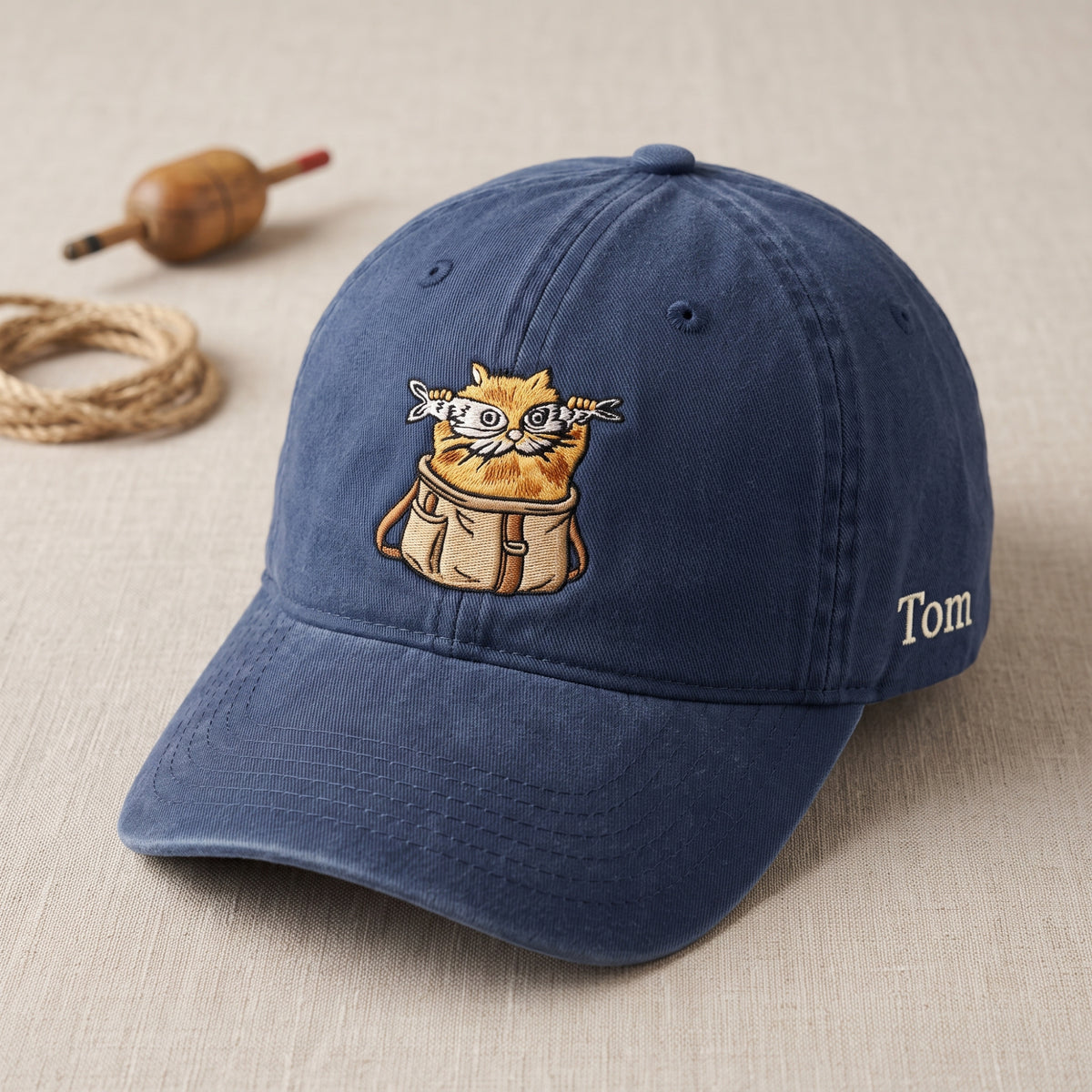 Custom Name Fishing Cat Tackle Bag embroidered hat — front view