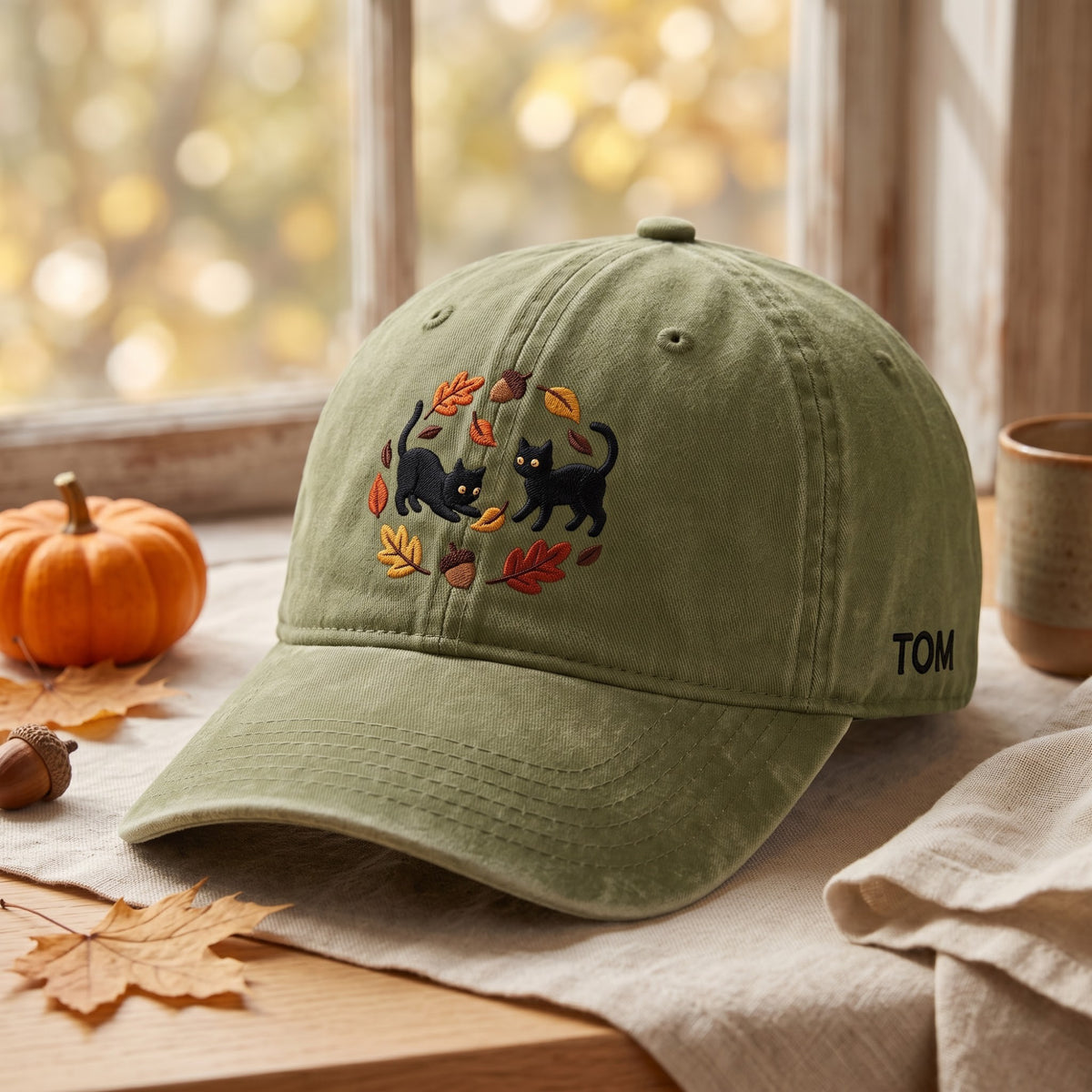 Custom Name Black Cats Autumn Leaves embroidered hat — front view