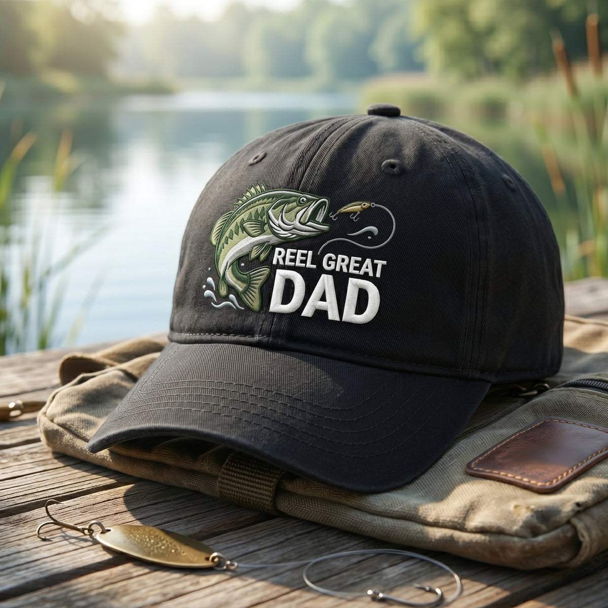 Reel Great Dad Largemouth Bass Lure embroidered hat — front view