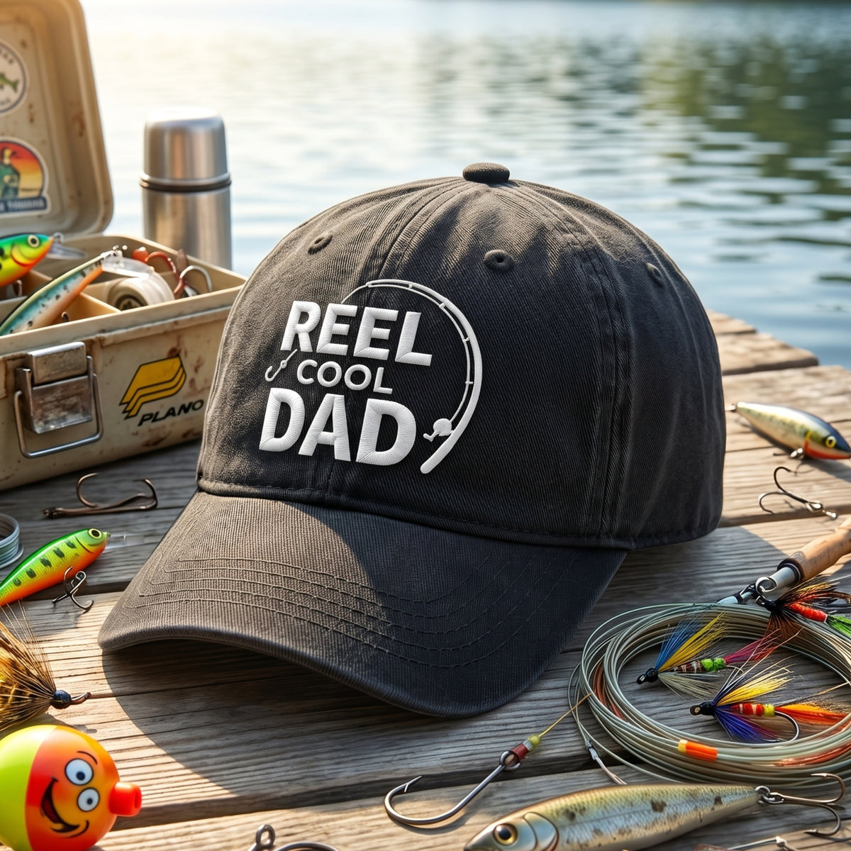 Reel Cool Dad Fishing Rod embroidered hat in Grey — front view