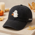 Custom Name Ghost Pumpkin Bucket embroidered hat in Black — front view