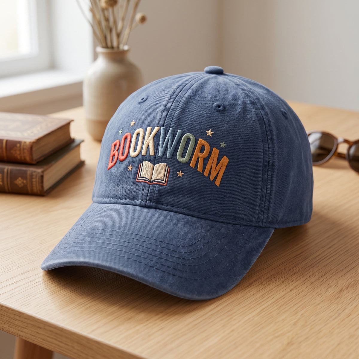 Bookworm Open Book Stars embroidered hat in Navy — front view