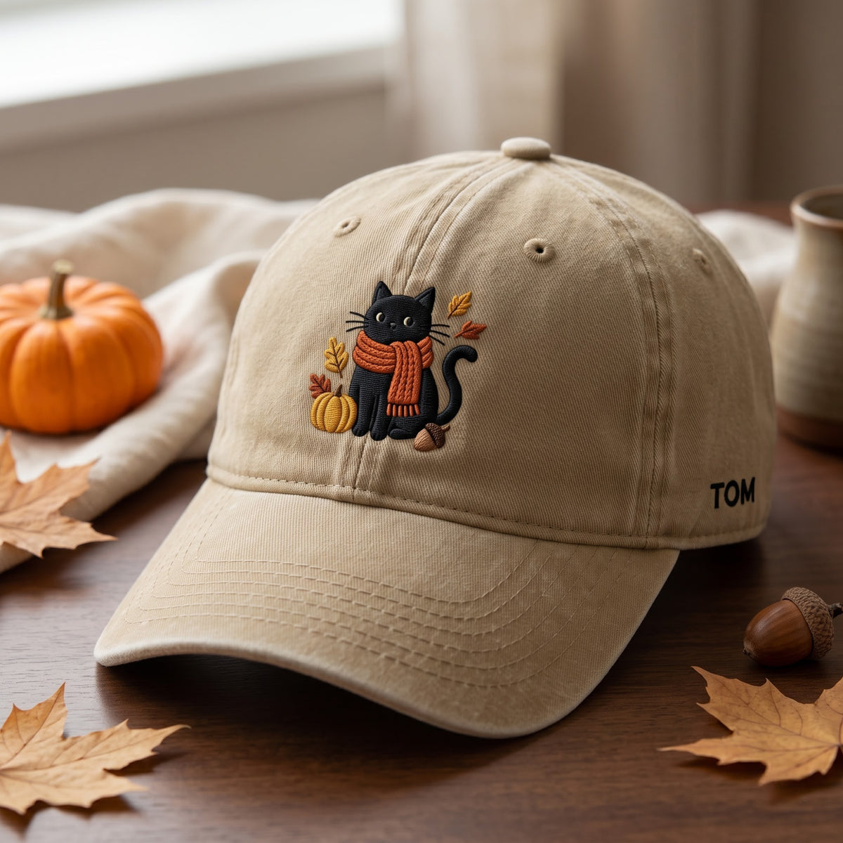 Custom Name Black Cat Cozy Scarf Pumpkin embroidered hat — front view