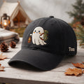 Custom Name Camping Ghost Lantern Backpack embroidered hat in Black — front view