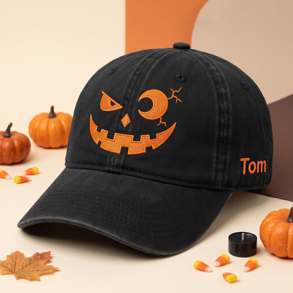 Custom Name Winking Jack O Lantern Face embroidered hat in Black — front view