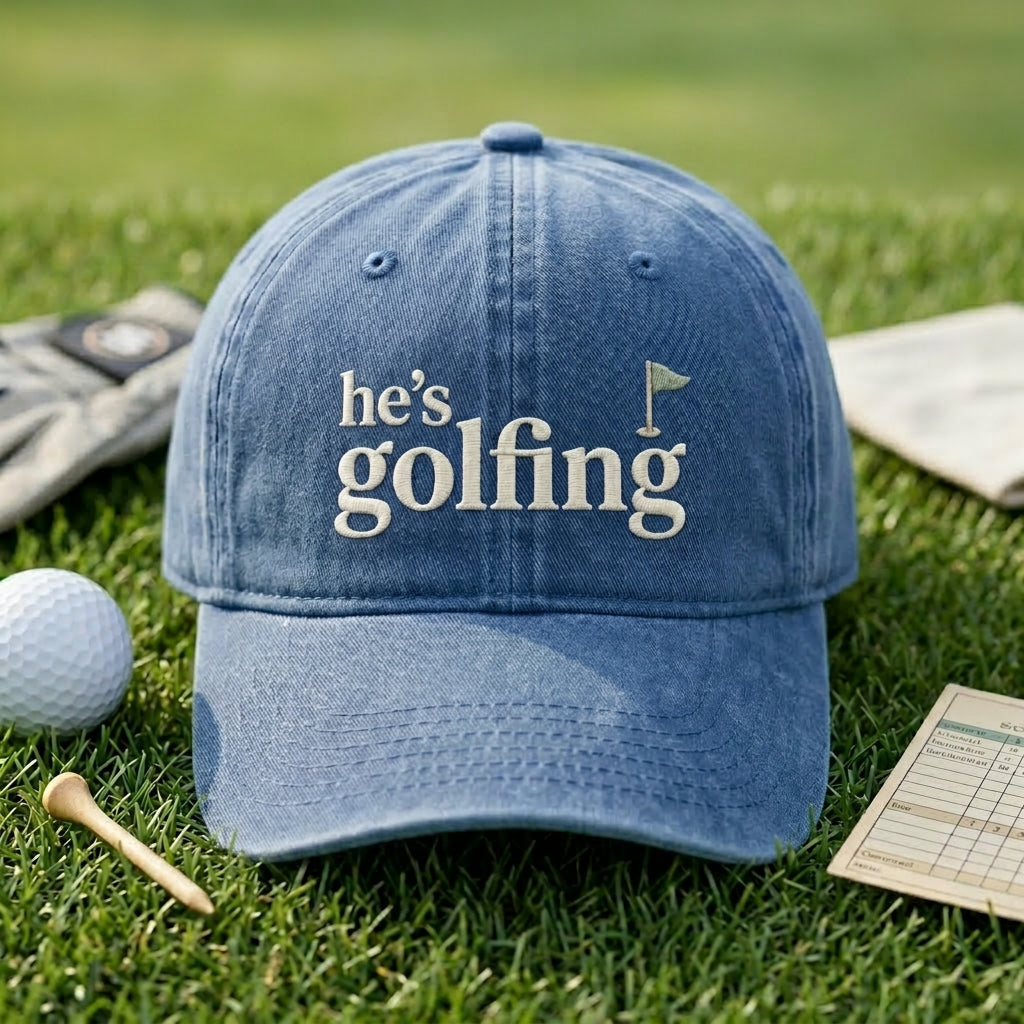 He's Golfing Golf Flag embroidered hat in Navy — front view