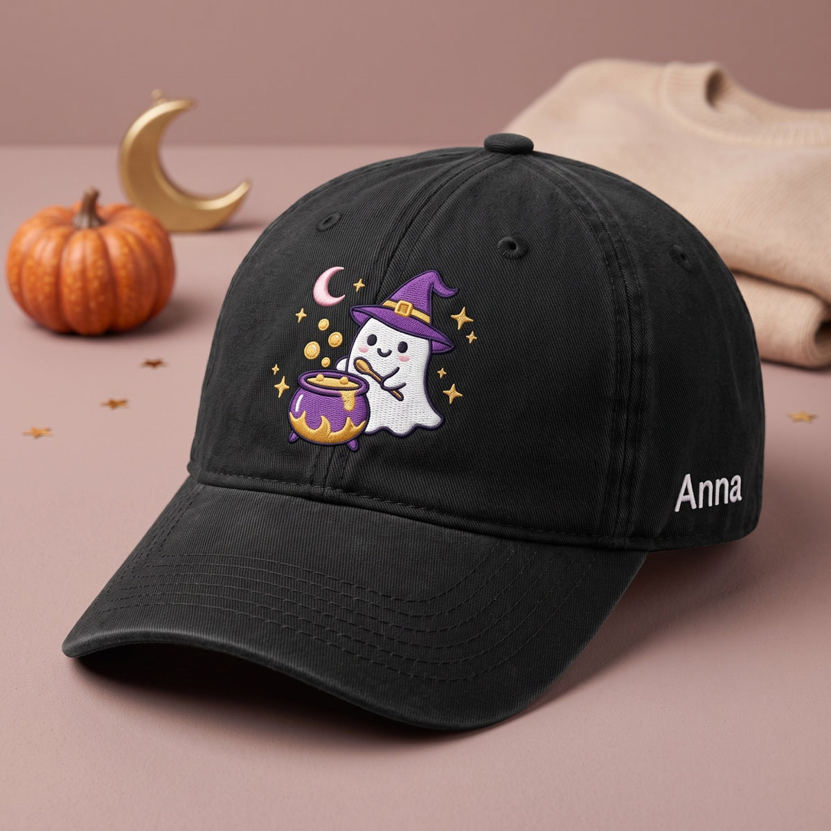 Custom Name Witch Ghost Bubbling Cauldron embroidered hat — front view