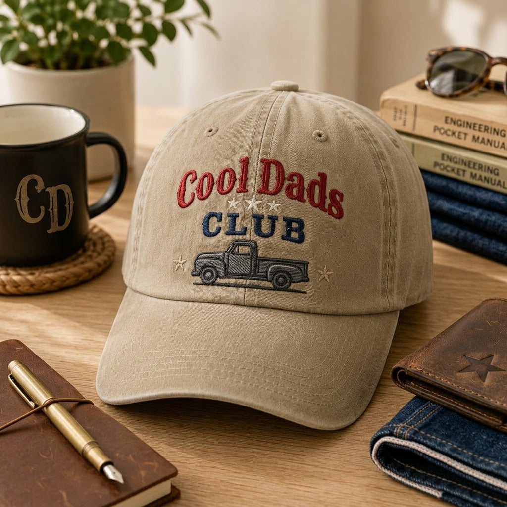 Cool Dads Club Vintage Truck embroidered hat in Khaki — front view