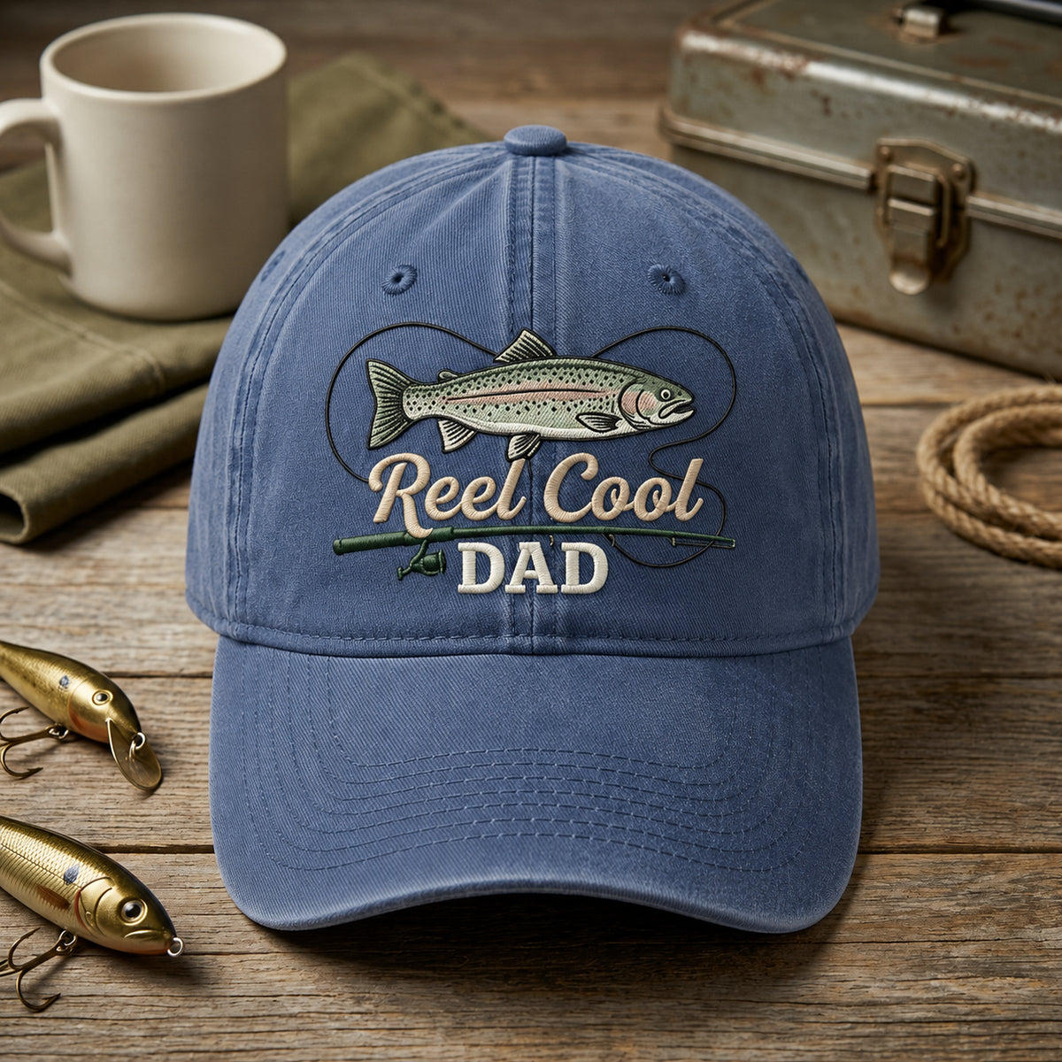 Reel Cool Dad Trout Fishing Rod embroidered hat in Navy — front view