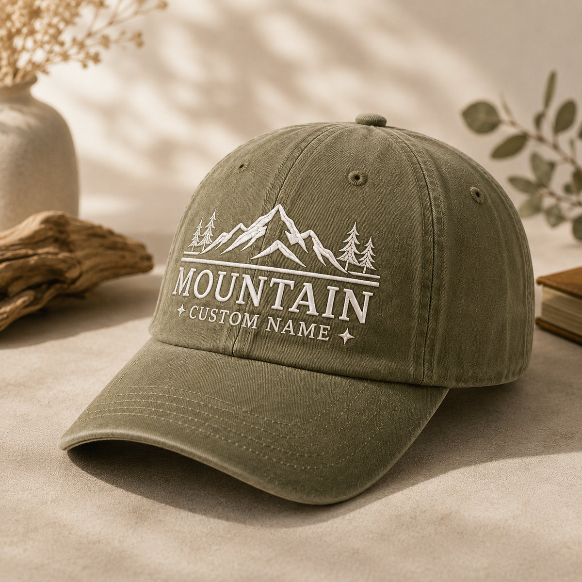 Mountain Range Pine Custom Name Line Art embroidered hat in Amy Green — front view