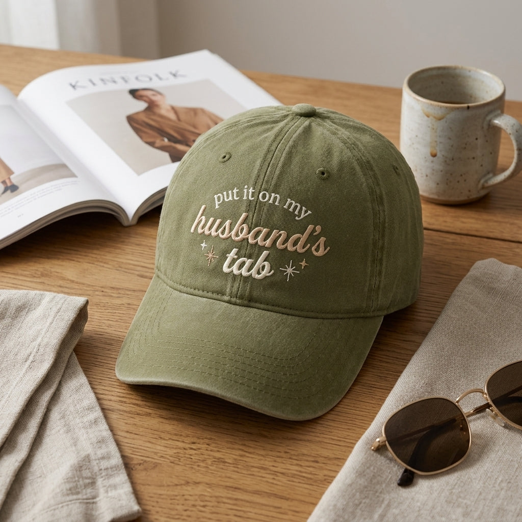 Put It on My Husband's Tab Script embroidered hat in Amy Green — front view