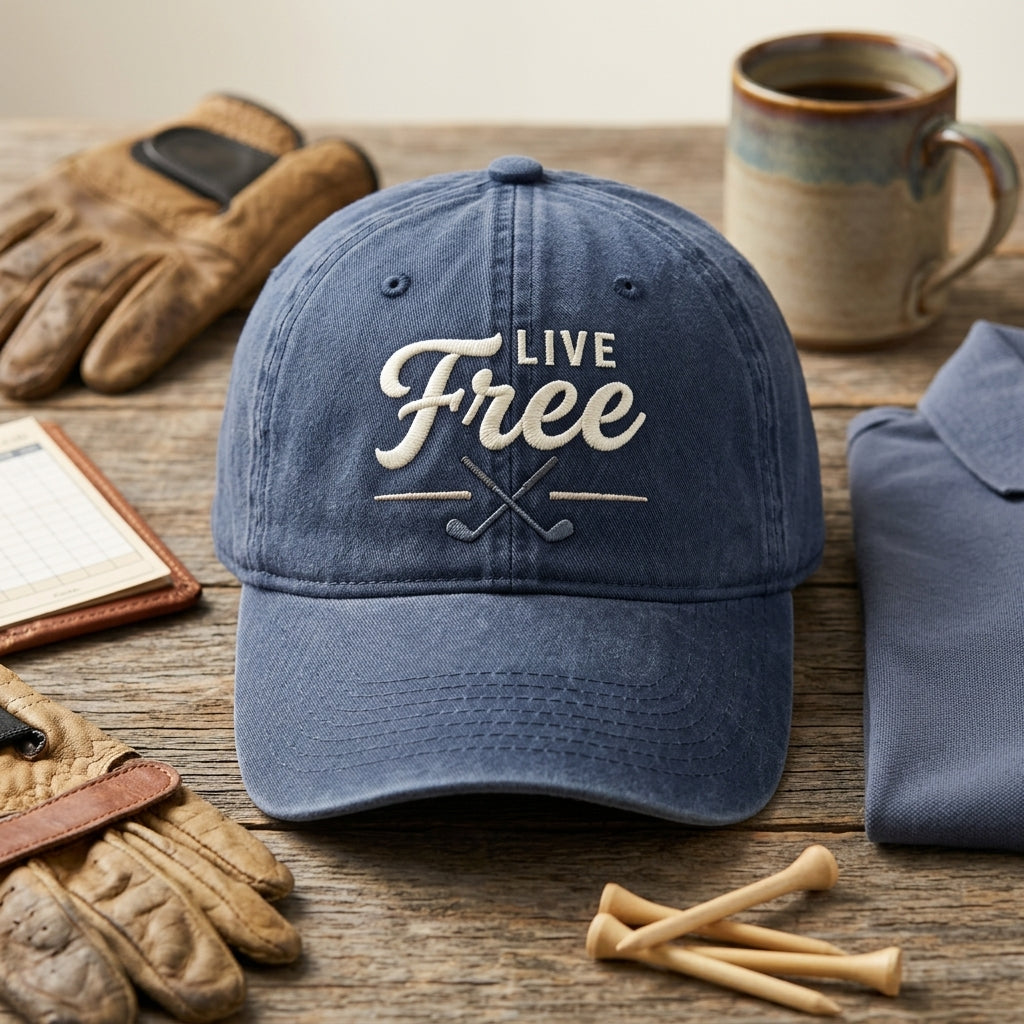 Live Free Crossed Golf Clubs embroidered hat in Navy — front view