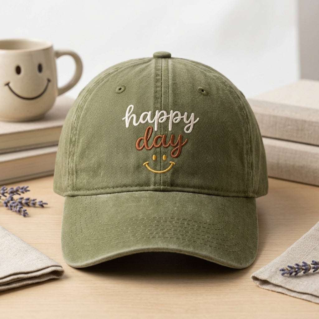 Happy Day Smile Script embroidered hat in Amy Green — front view