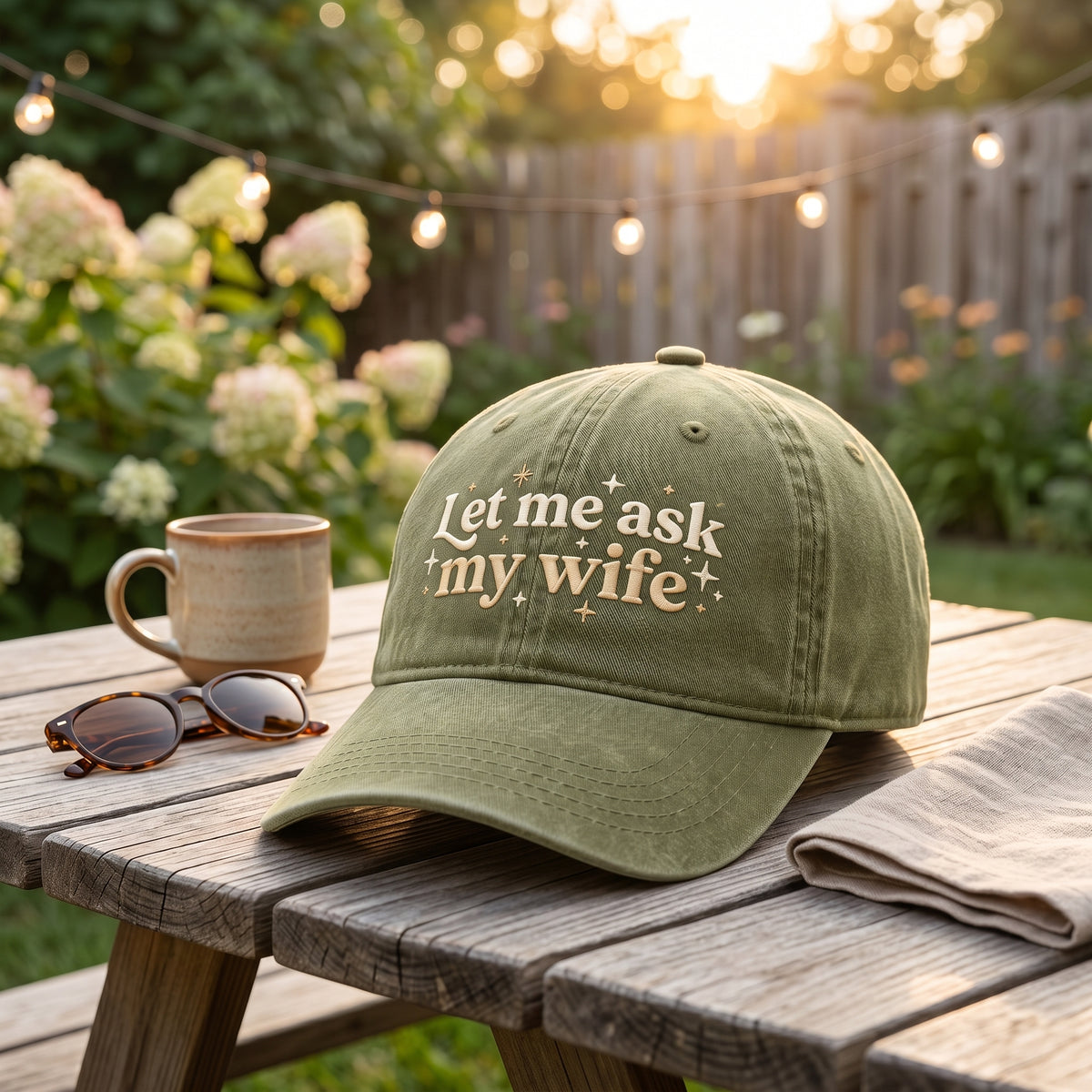 Let Me Ask My Wife Retro Script embroidered hat in Amy Green — front view