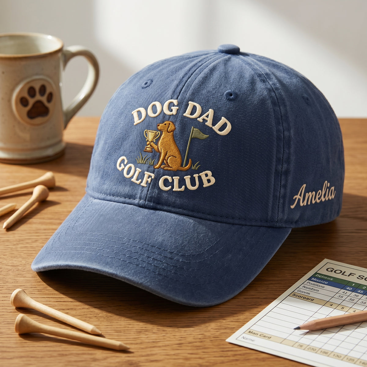 Dog Dad Golf Club Trophy Custom Name embroidered hat in Navy — front view