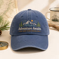 Adventure Awaits Keep Exploring Mountain Pine embroidered hat in Navy — front view
