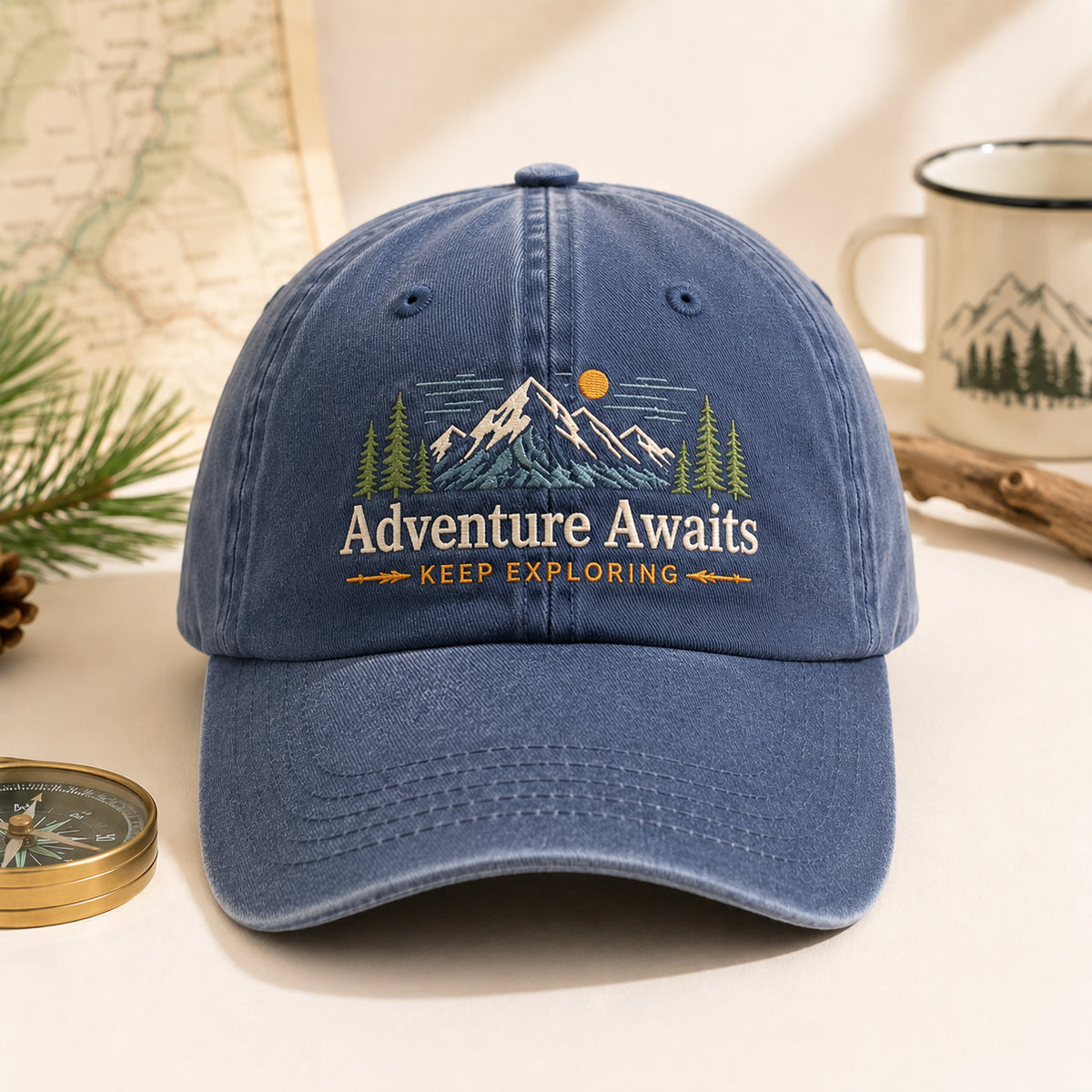 Adventure Awaits Keep Exploring Mountain Pine embroidered hat in Navy — front view