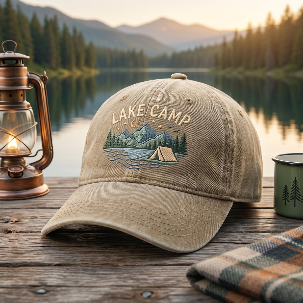 Lake Camp Tent Mountain Pine embroidered hat in Khaki — front view
