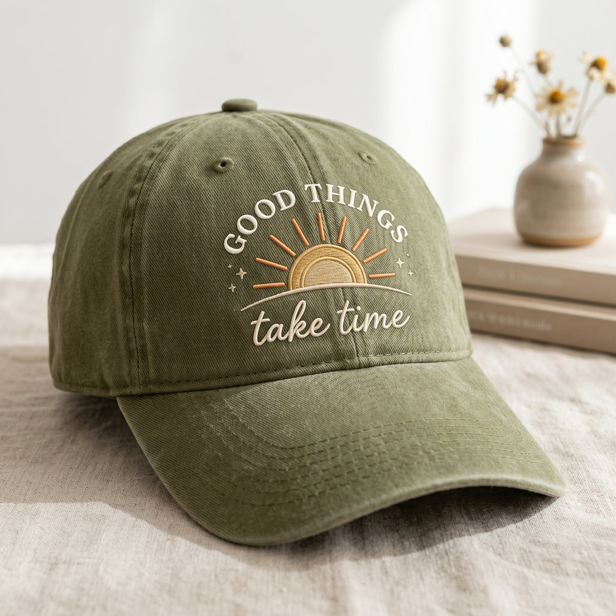 Good Things Take Time Sunrise embroidered hat in Amy Green — front view