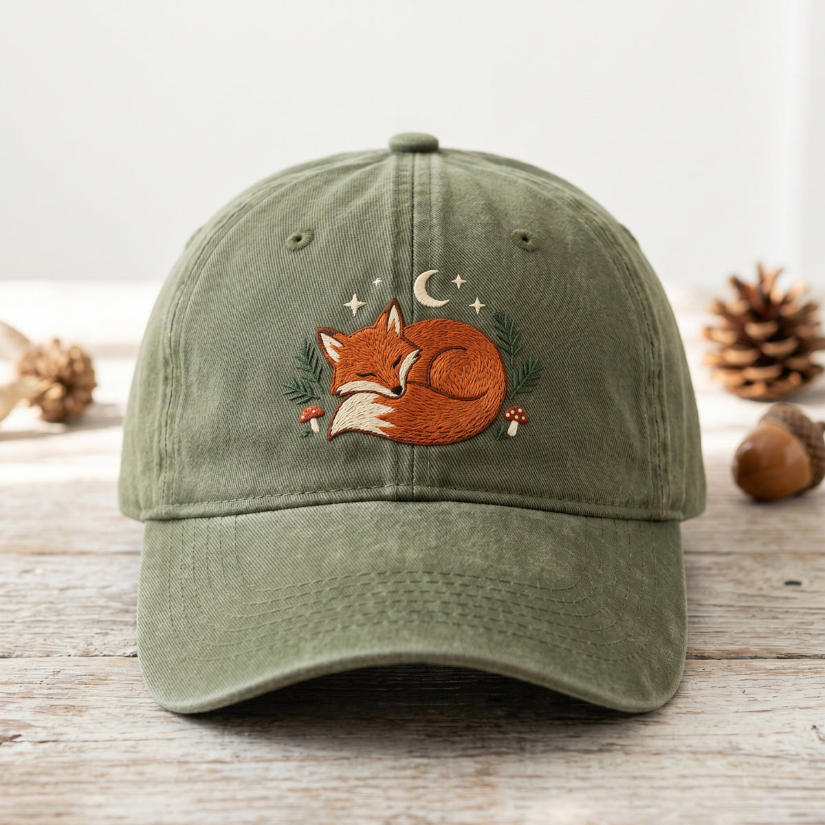 Sleeping Fox Moon Mushroom Forest embroidered hat in Amy Green — front view