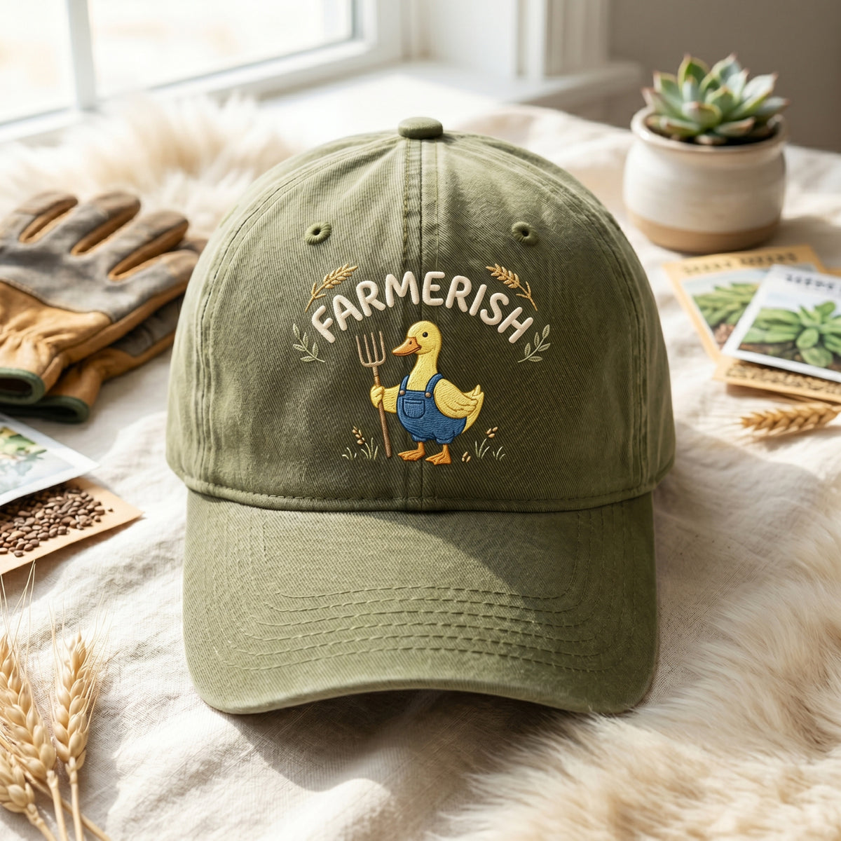 Farmerish Duck Overalls Pitchfork embroidered hat in Amy Green — front view