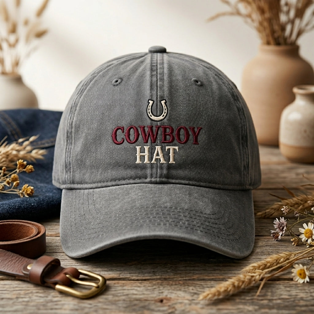 Funny Cowboy Hat Horseshoe Western Joke embroidered hat in Gray — front view