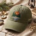 Lake Sunset Pine Forest Custom Name embroidered hat in Amy Green — front view