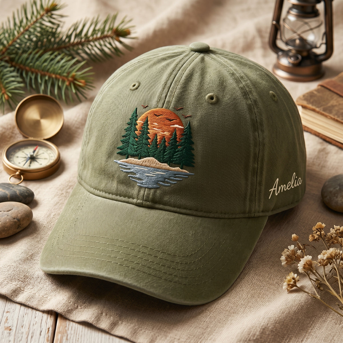 Lake Sunset Pine Forest Custom Name embroidered hat in Amy Green — front view