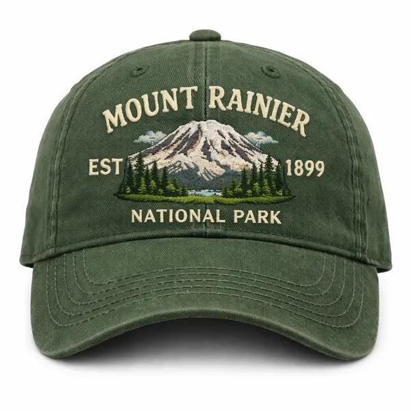 Personalized Mount Rainier EST 1899 embroidered hat in Amy Green — front view