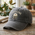 Louisiana Magnolia Bloom EST 1812 embroidered hat in Grey — front view