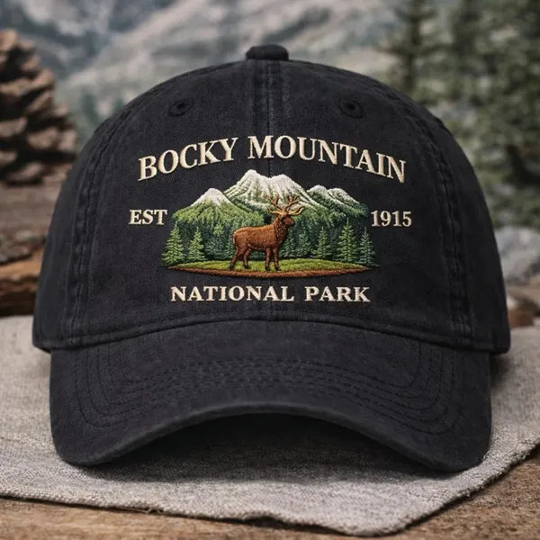 Personalized Rocky Mountain EST 1915 Elk embroidered hat in Black — front view