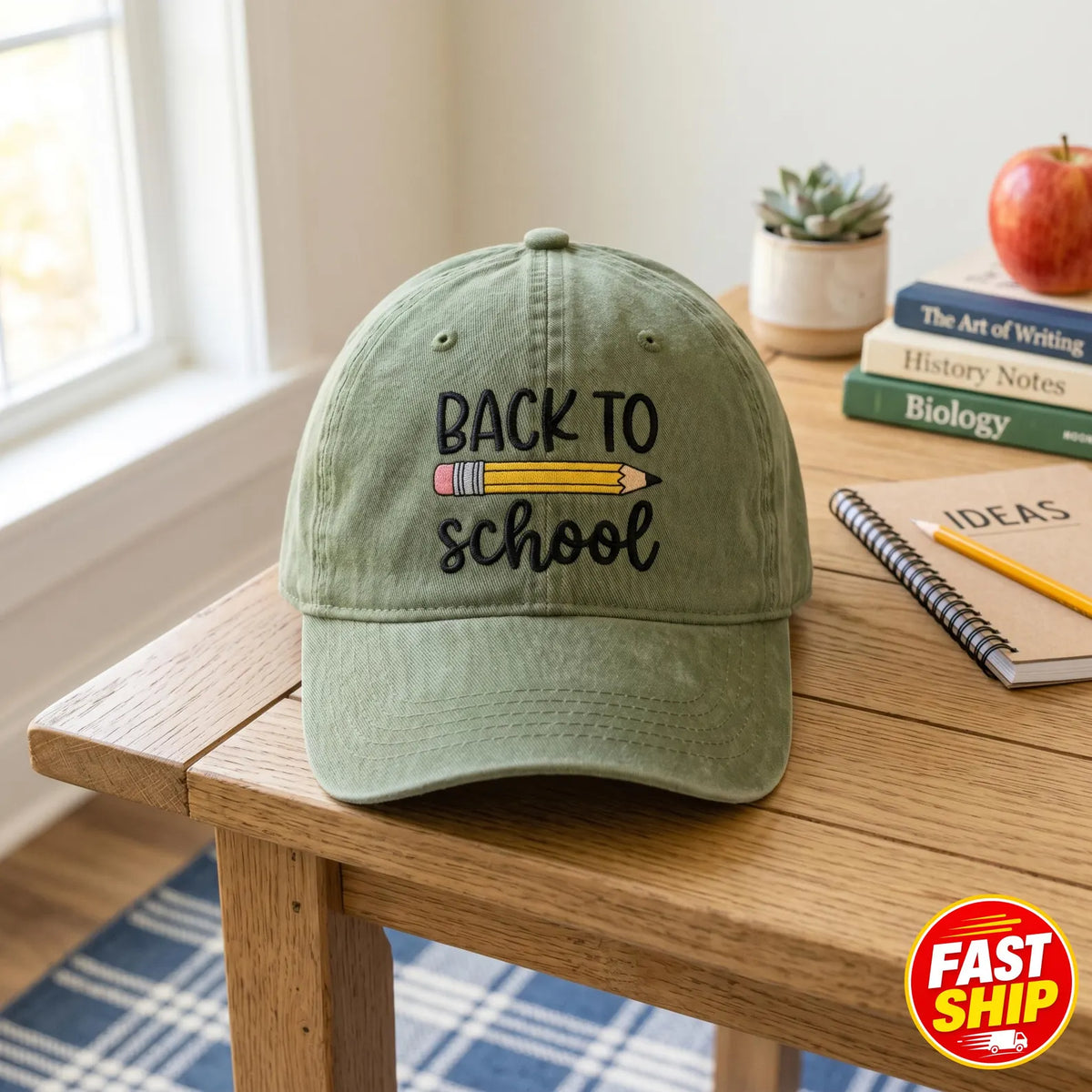 Personalized to School Notebook Pencil embroidered hat in Amy Green — front view