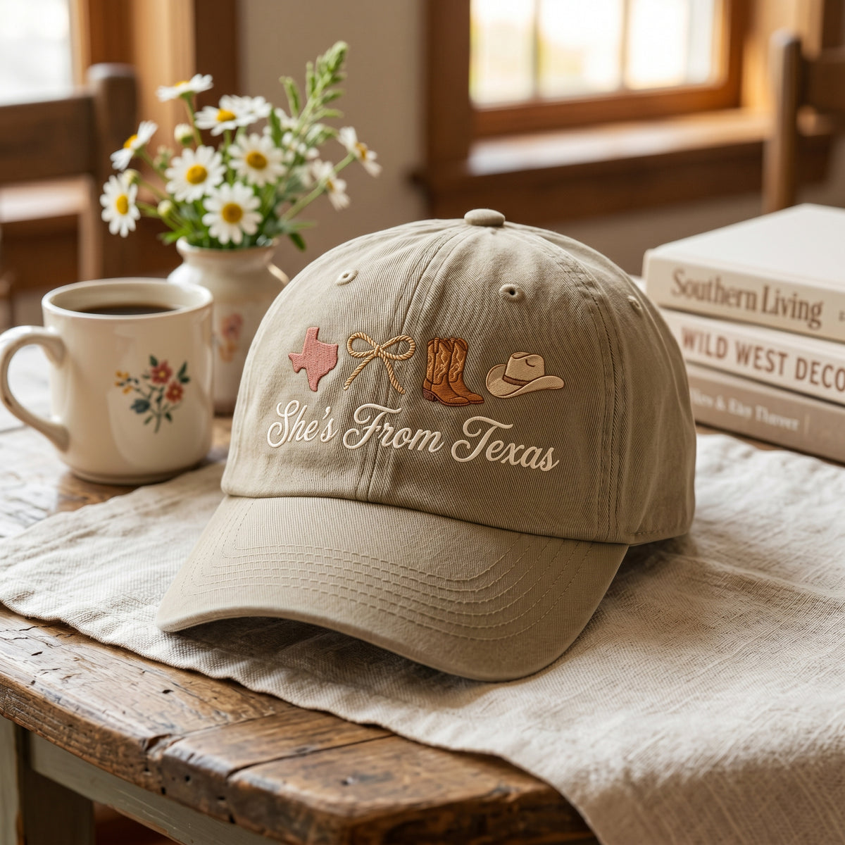 Shes From Texas Boots Hat Ribbon embroidered hat in Khaki — front view