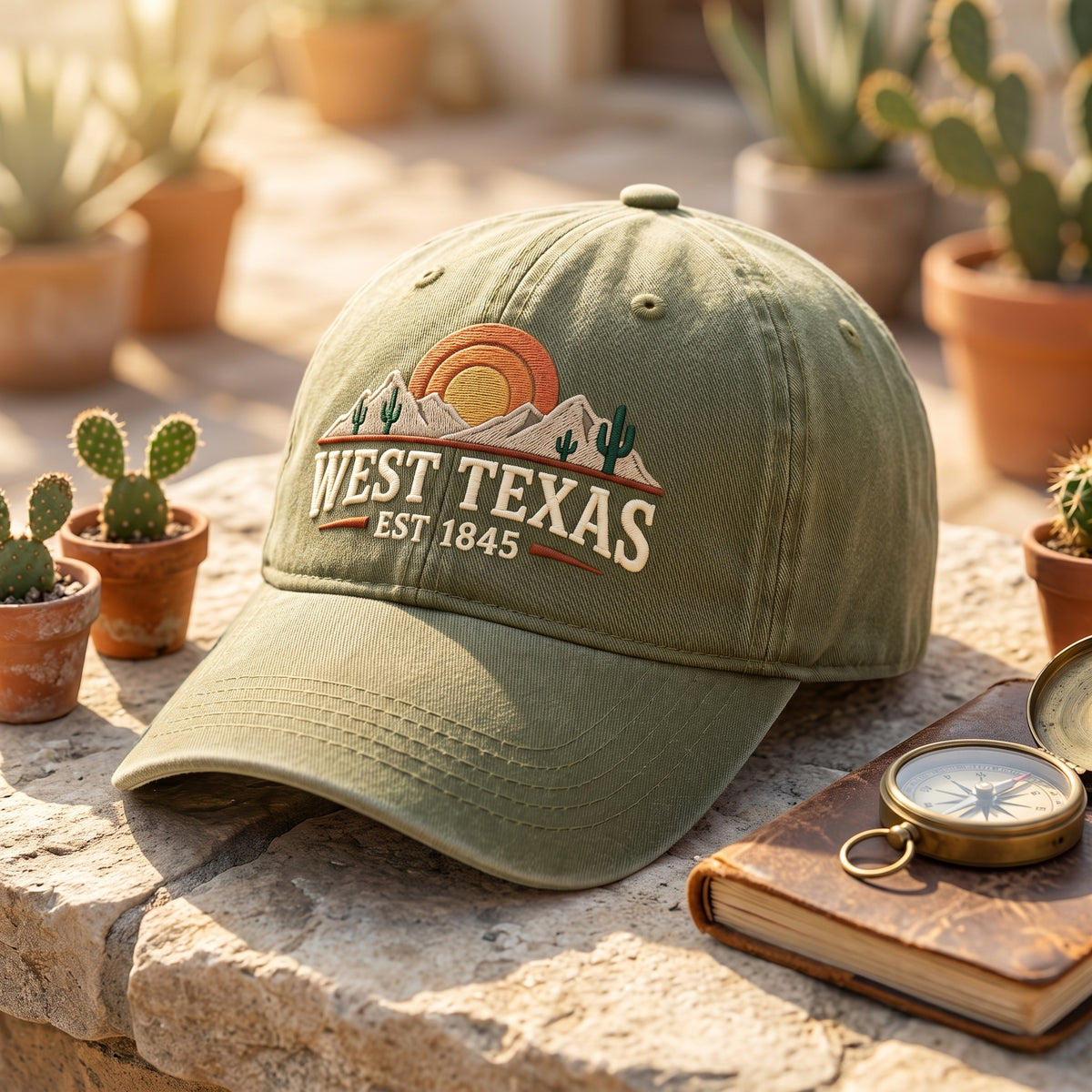 West Texas Desert Sunset Mountains EST 1845 embroidered hat in Amy Green — front view